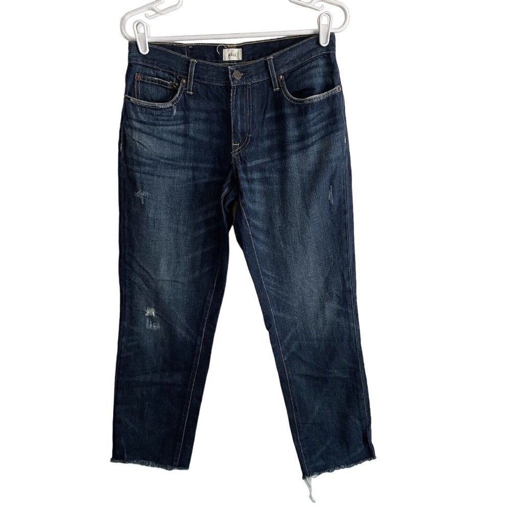 Able Women 26 Blue Dark Wash Denim Distressed Frayed Hem Relaxed The Slouch Jean